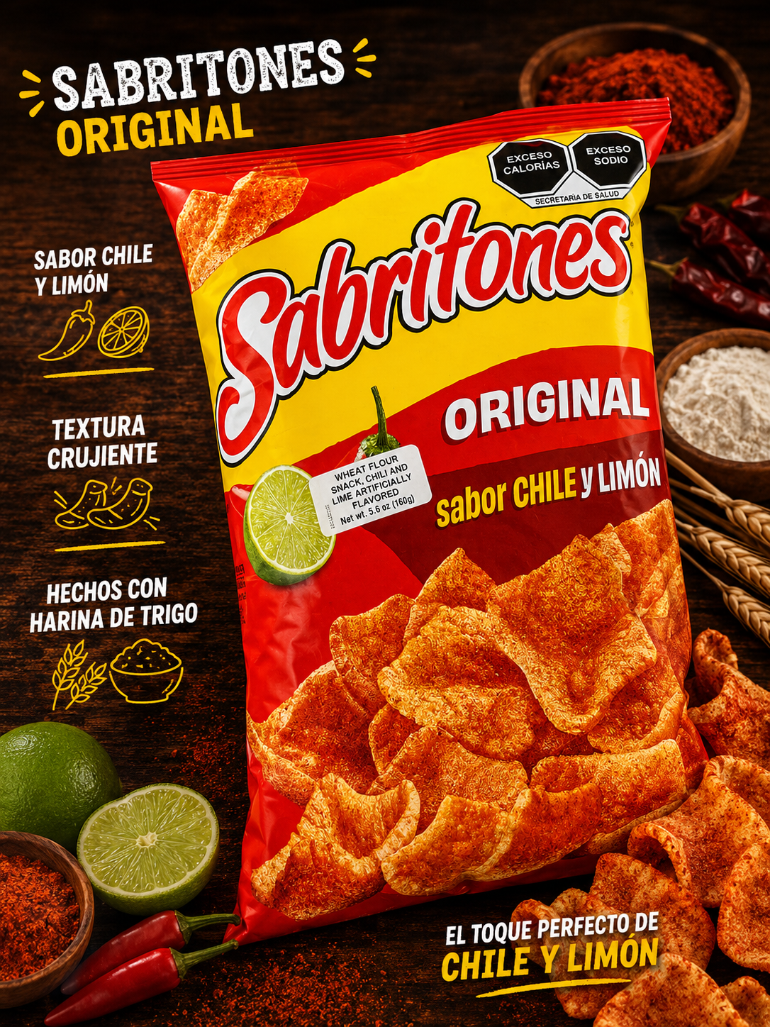 Sabritones Original Sabor Chile y Limón 160 g (5.6oz)| Botana Mexicana Crujiente